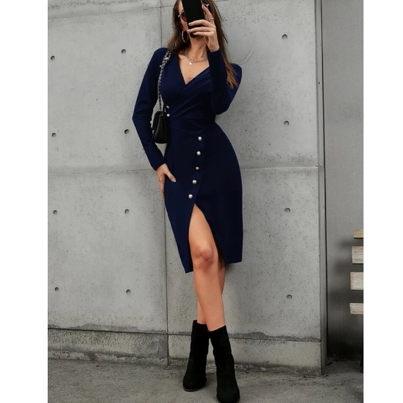 Boho navy blue button detail asymmetrical hem wrap dress - Picture 13 of 14